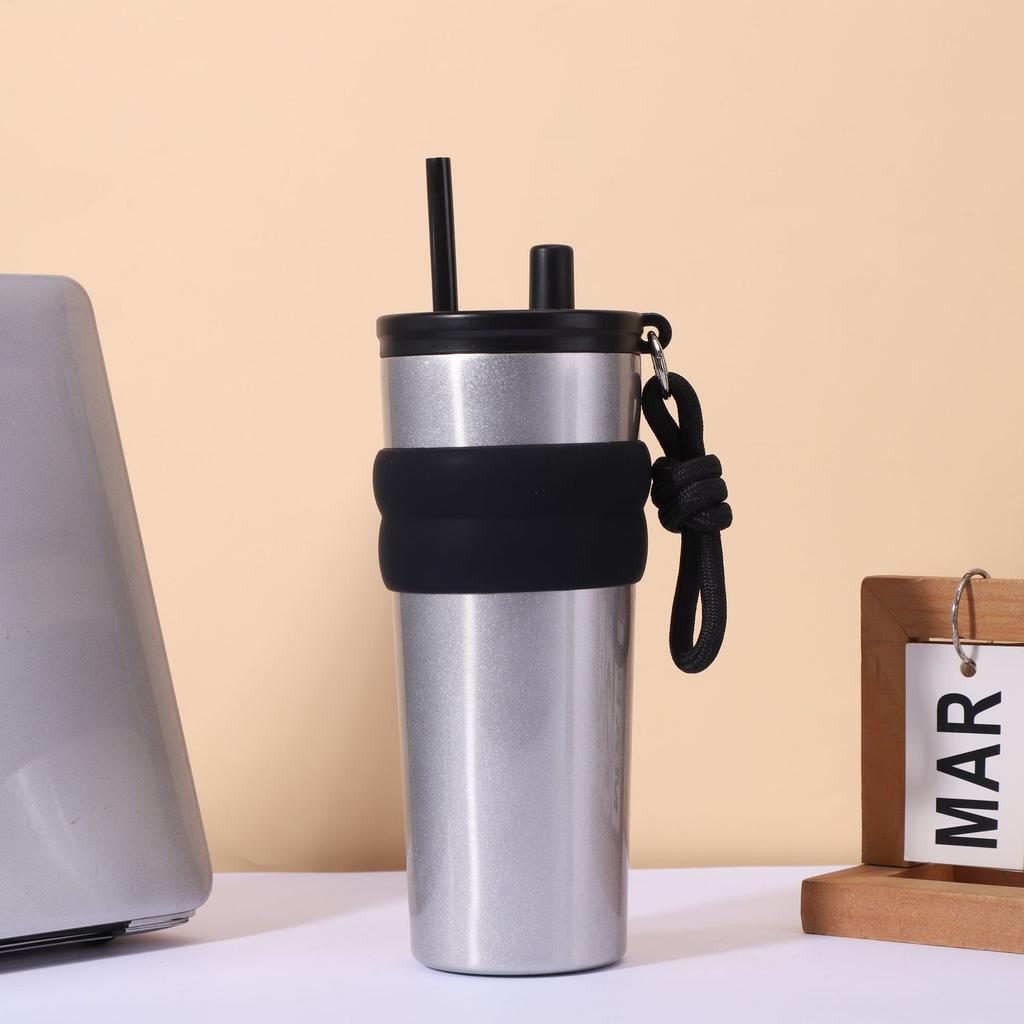 Large capacity simple 111 stainless steel thermos cup men's and women's fashion with rope straw cup portable car cup