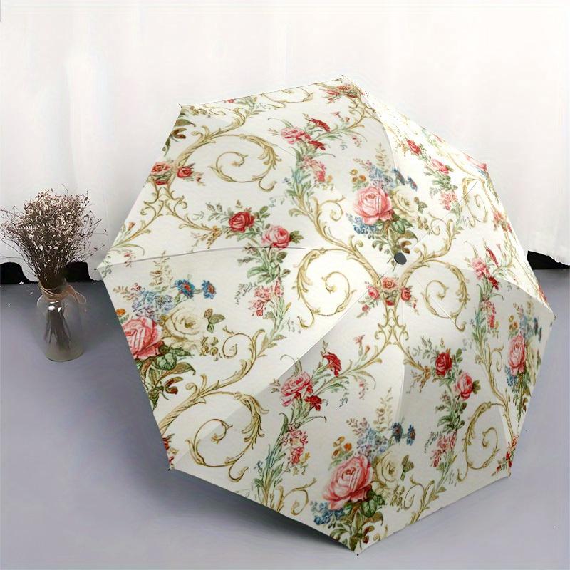 Vintage Floral Automatic Folding Umbrella - 8-Rib Durable Iron Frame, Compact Travel Design with Elegant Pink & Green Floral P