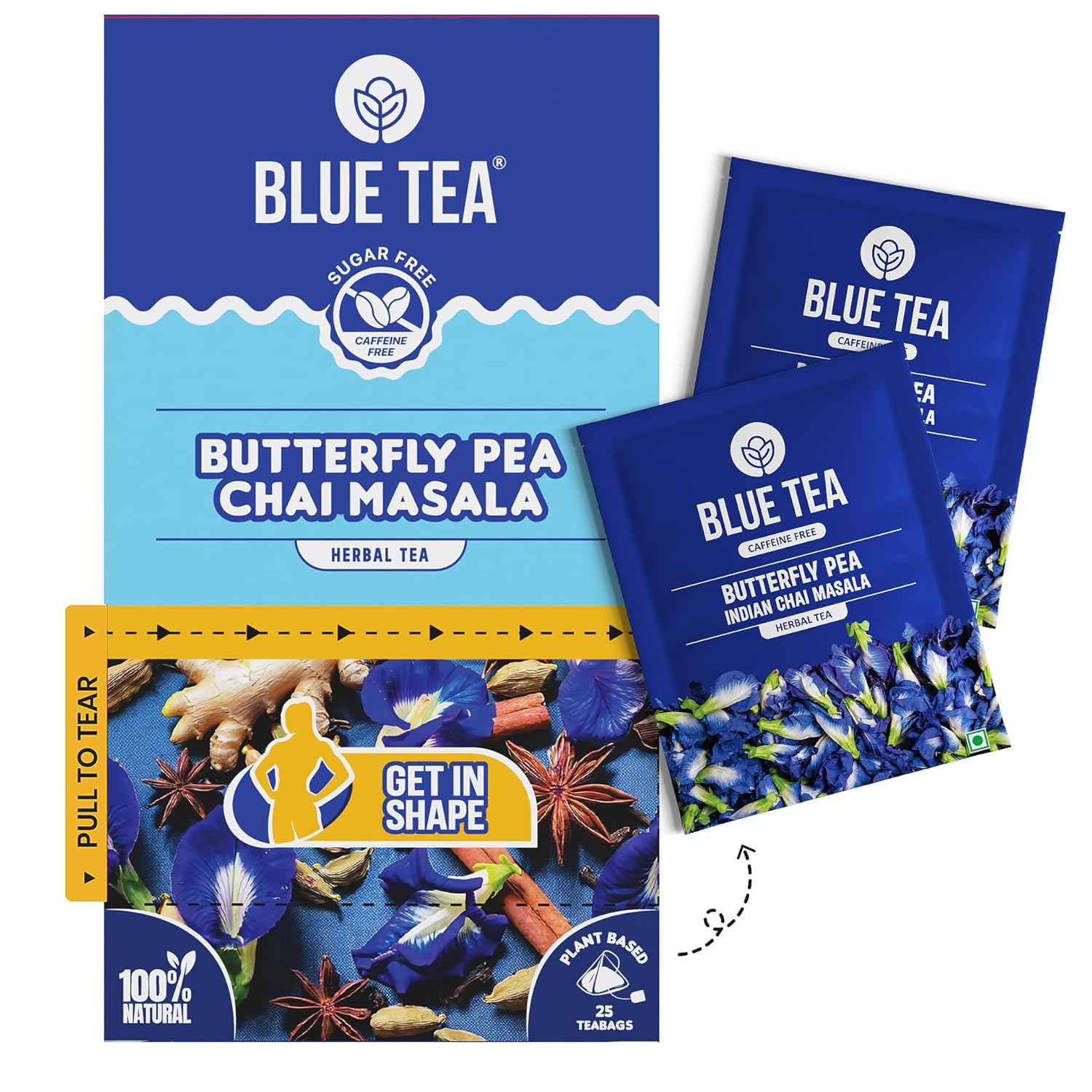 

BLUE TEA - Indian Chai Masala - 25 Tea Bags - Plant Based | Weight Management | Ginger, Cardamom, Cinnamon | Caffeine Free - Herbal Tea - Flower Based
