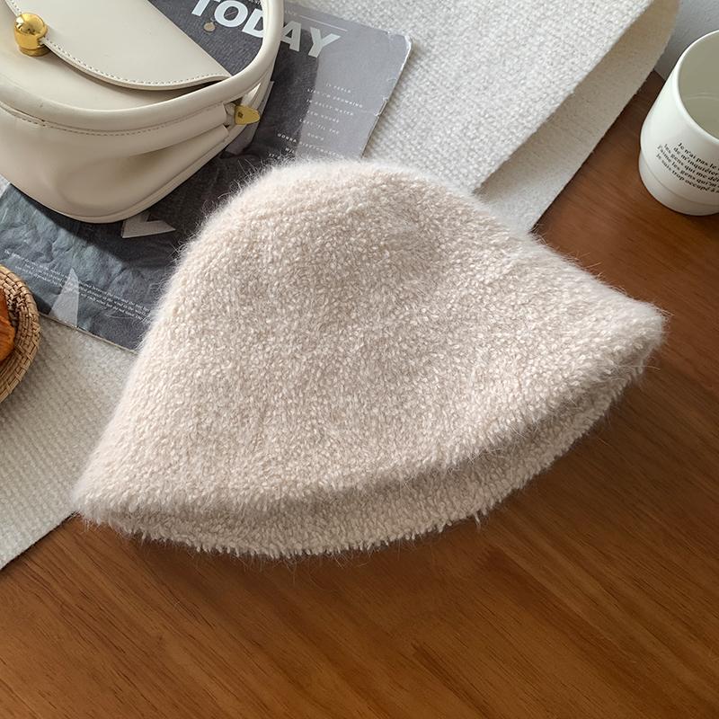 Weißer gestrickter Kaninchenfell-Bucket-Hat für Damen, neu für Herbst und Winter, großer Kopfumfang, Beckenhut, hochwertiges Gefühl, Hut für ein kleines Gesicht