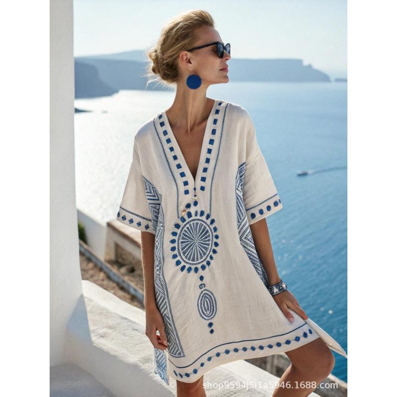 2026 women's V-neck dress seaside vacation 3D printing loose skirt beach