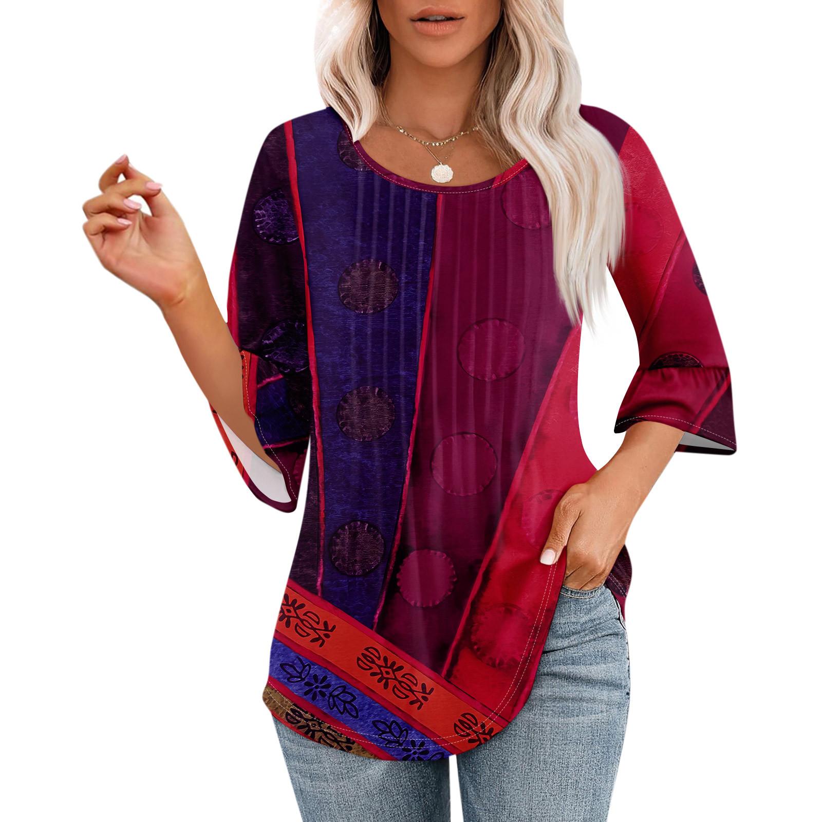 

Женские топы с рукавами-колокольчиками 3/4, летние плиссированные рубашки с круглым вырезом, модные нарядные повседневные блузки-туники свободного покроя XXL горячий розовый