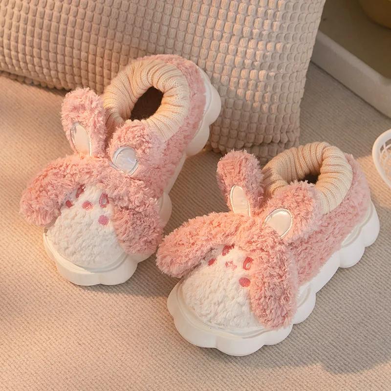 Fashion Women Cute Rabbit Cartoon Plush Novelty Slippers Closed Toe Furry Soft Sole Slip On Shoes Winter Warm Fuzzy Home Slippers