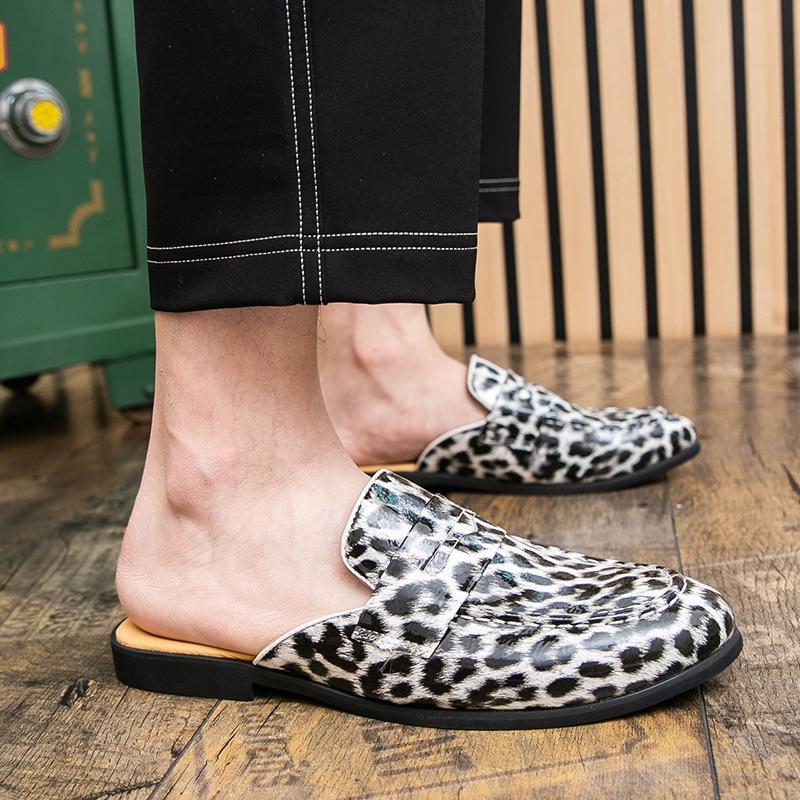 Men's Slippers Mule Loafers Leopard Print Leather Clogs Summer Dress Sandals Casual Backless Half-drag Shoes Plus Size