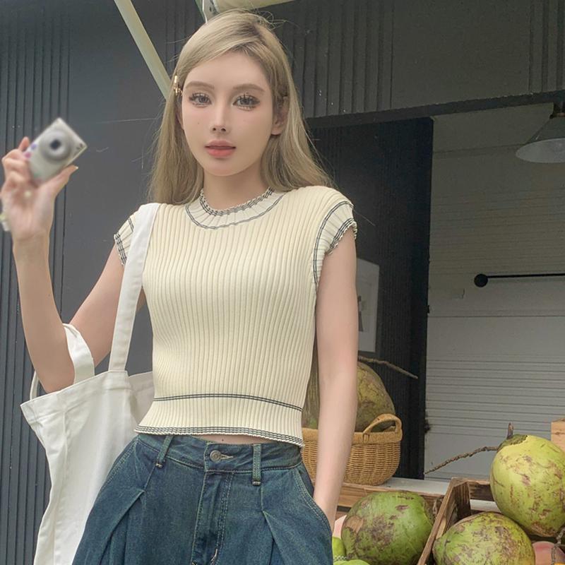 Тонкая вязаная футболка, летние вязаные женские топы без рукавов с круглым вырезом, тонкие однотонные базовые топы ярких цветов