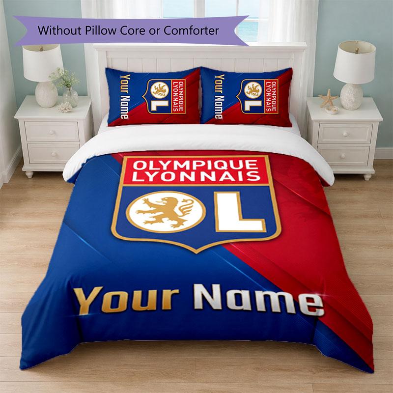 Lyon FC Custom Name Text Bedding Set 1 Duvet Cover+2 Pillowcases Soccer Logo Personalized Gift For Special Occasion Bedroom Decor