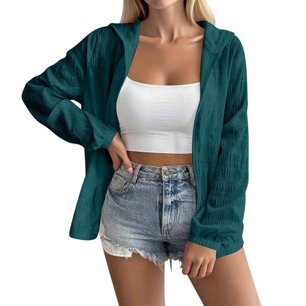 Women's Solid Color Long Sleeved Hooded Zipper Thin Jacket