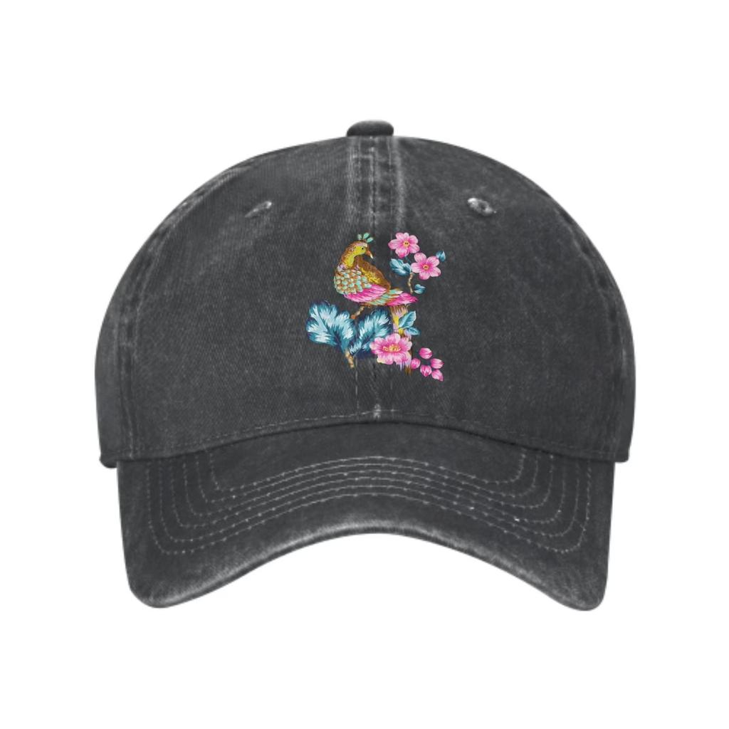 Floral Bird Print Washed Cotton Baseball Cap Adjustable Casual Outdoor Summer Hat