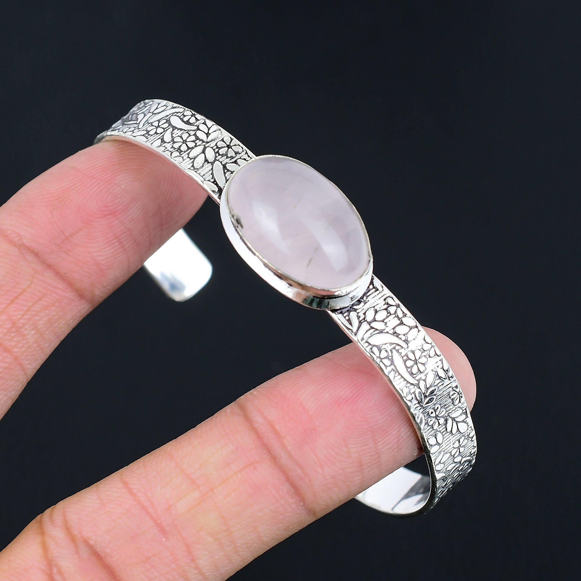 

Birthday Gift For Her Natural Rose Quartz Gemstone Bangle Adjustable 925 Silver Adjustable