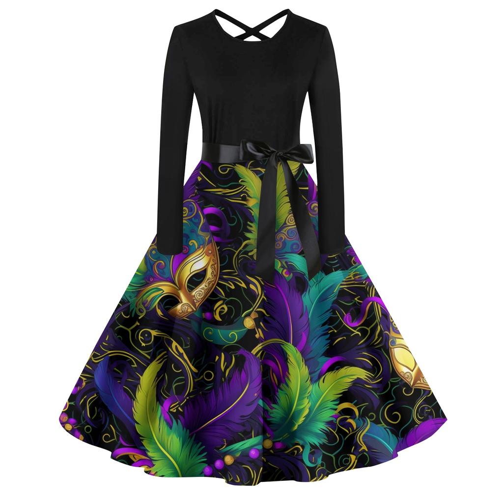 Women's Casual Print O-neck Pullover High Waist Long Sleeve Dress