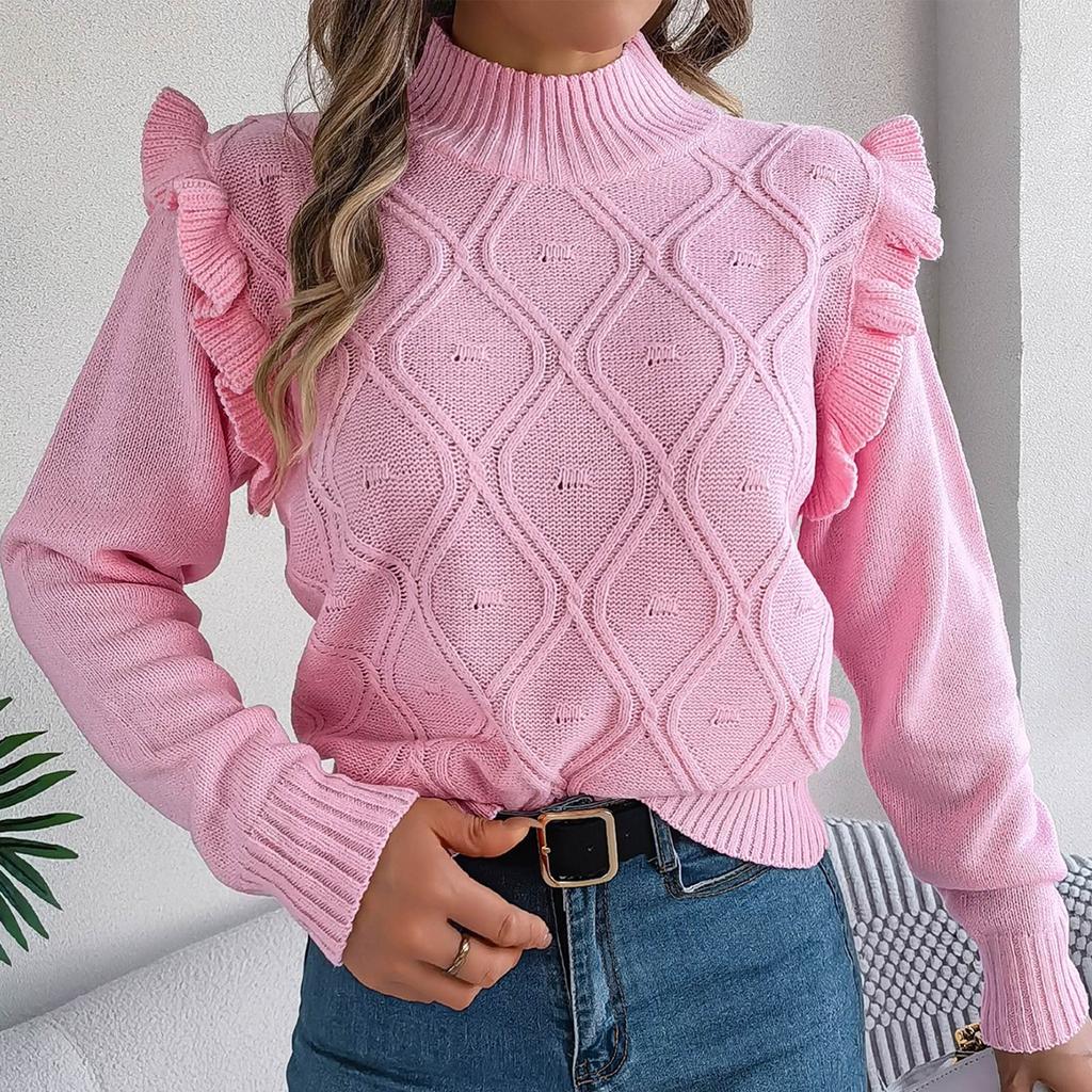 Women's Solid Color Fungus Edge Long Sleeve Stand-up Collar Pullover Sweater