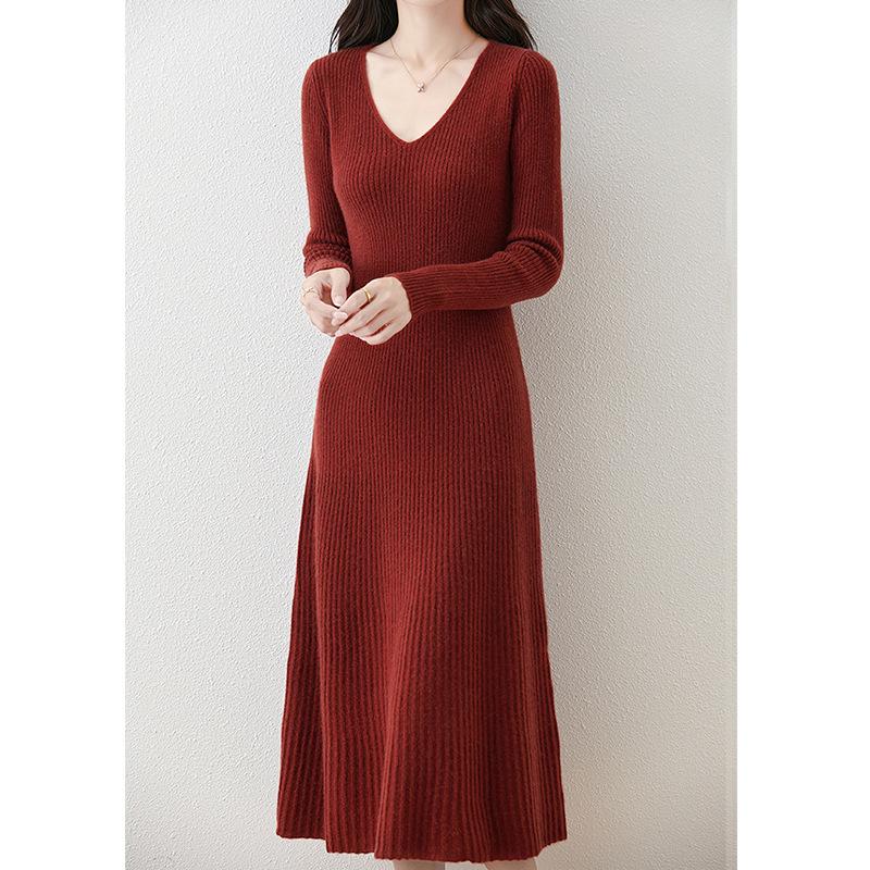 Solid color v-neck medium and long knitted dress for women's autumn and winter new temperament slim and thin over the knee primer sweater skirt