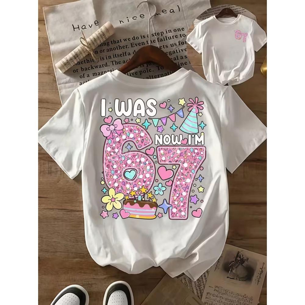 Summer Girls Fashion Current Cotton T-shirt Cartoon Lucky 67 Printed Kid Casual Top Comfortable Childrens Short Sleeved Shirt