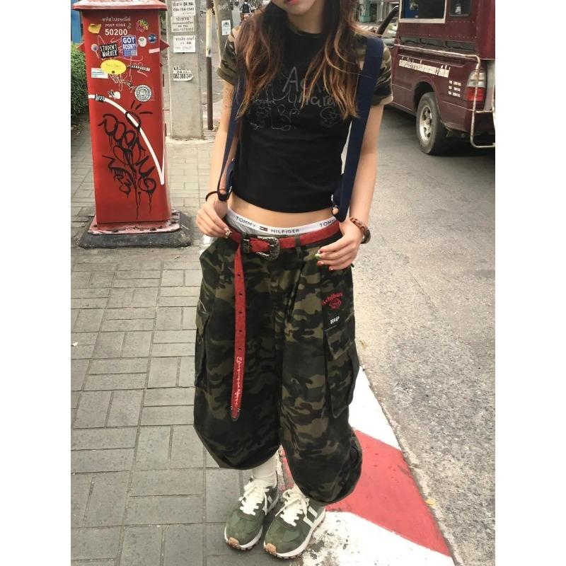 

Літні жіночі шорти Harajuku у стилі панк 2024 року, вінтажні вільні шорти з високою талією Y2K Широкі мішкуваті джинсові шорти з камуфляжем S зелений