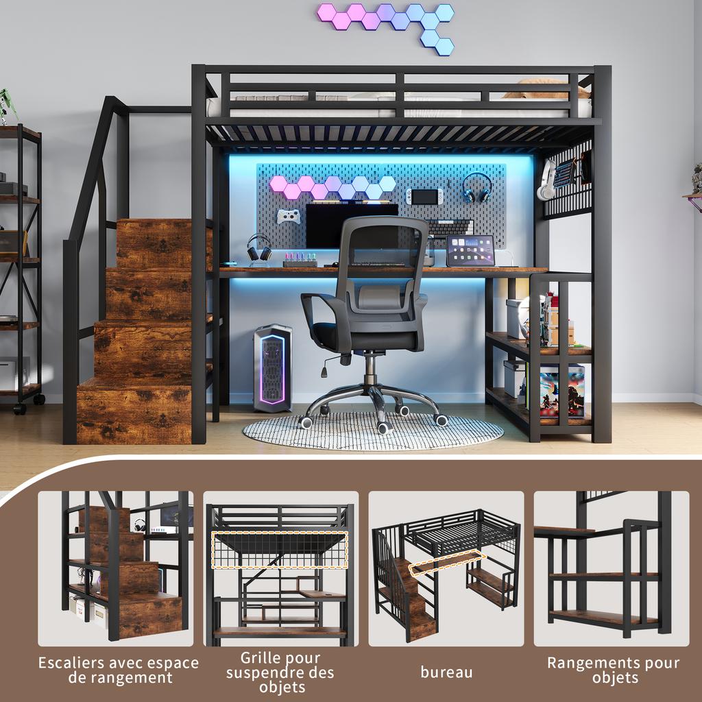 Letto a soppalco, 140 x 200 cm, Struttura in Ferro, Scaffale, Rete Appendibile, Luce LED, Scrivania, Scala, 2 Porte USB, 1 Presa Tipo-C, Senza Materasso, Nero