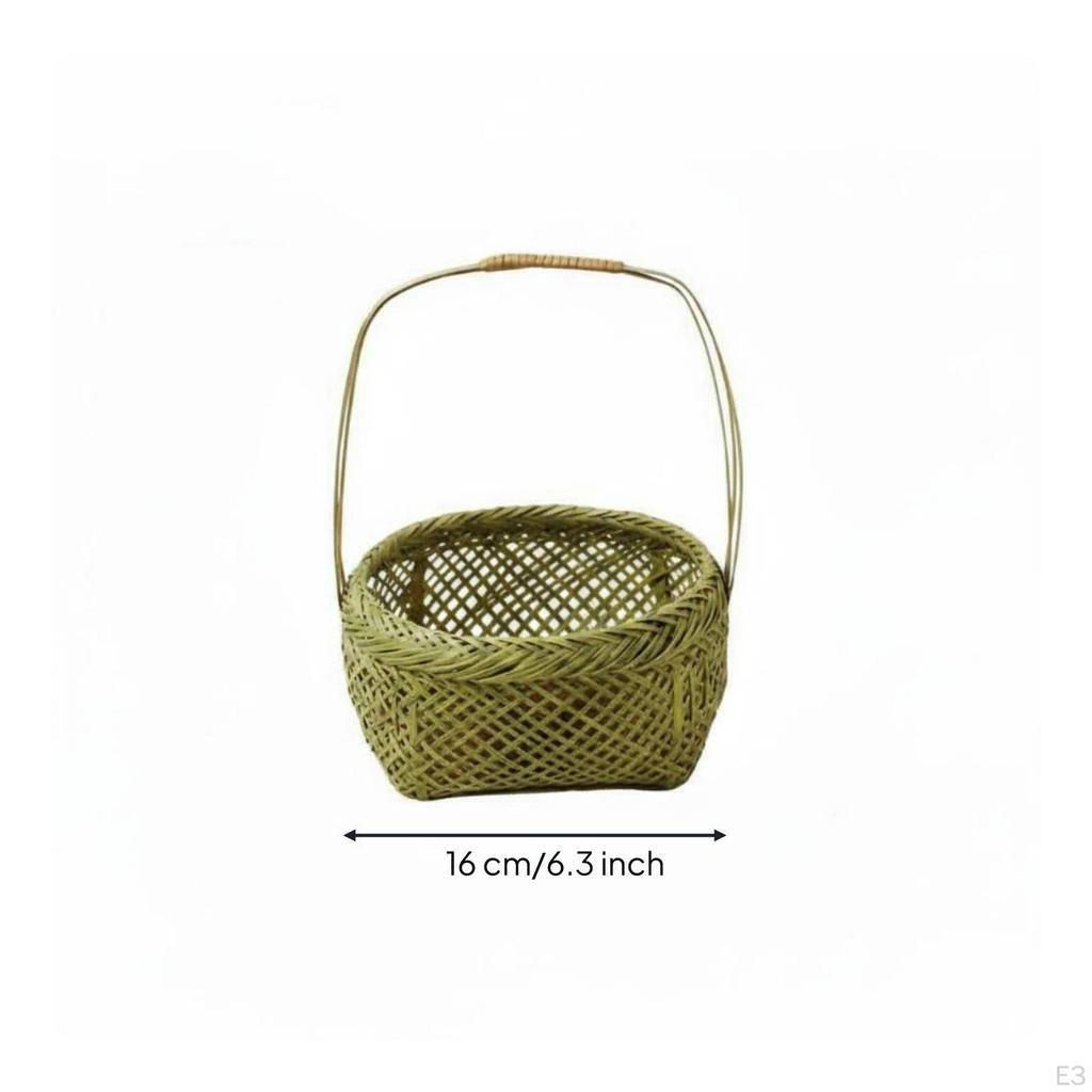 Woven Bamboo Basket Handmade Shallow Carrying Arched Handle Round Wicker Tray for Gift