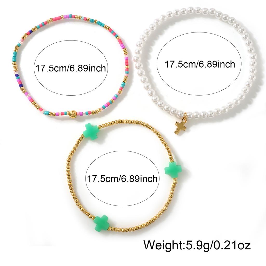 Go2boho 3Pcs Cross Beaded Bracelets for Women, Pearl Look Colorful Stackable Stretch Bracelet Set Boho Jewelry Gifts