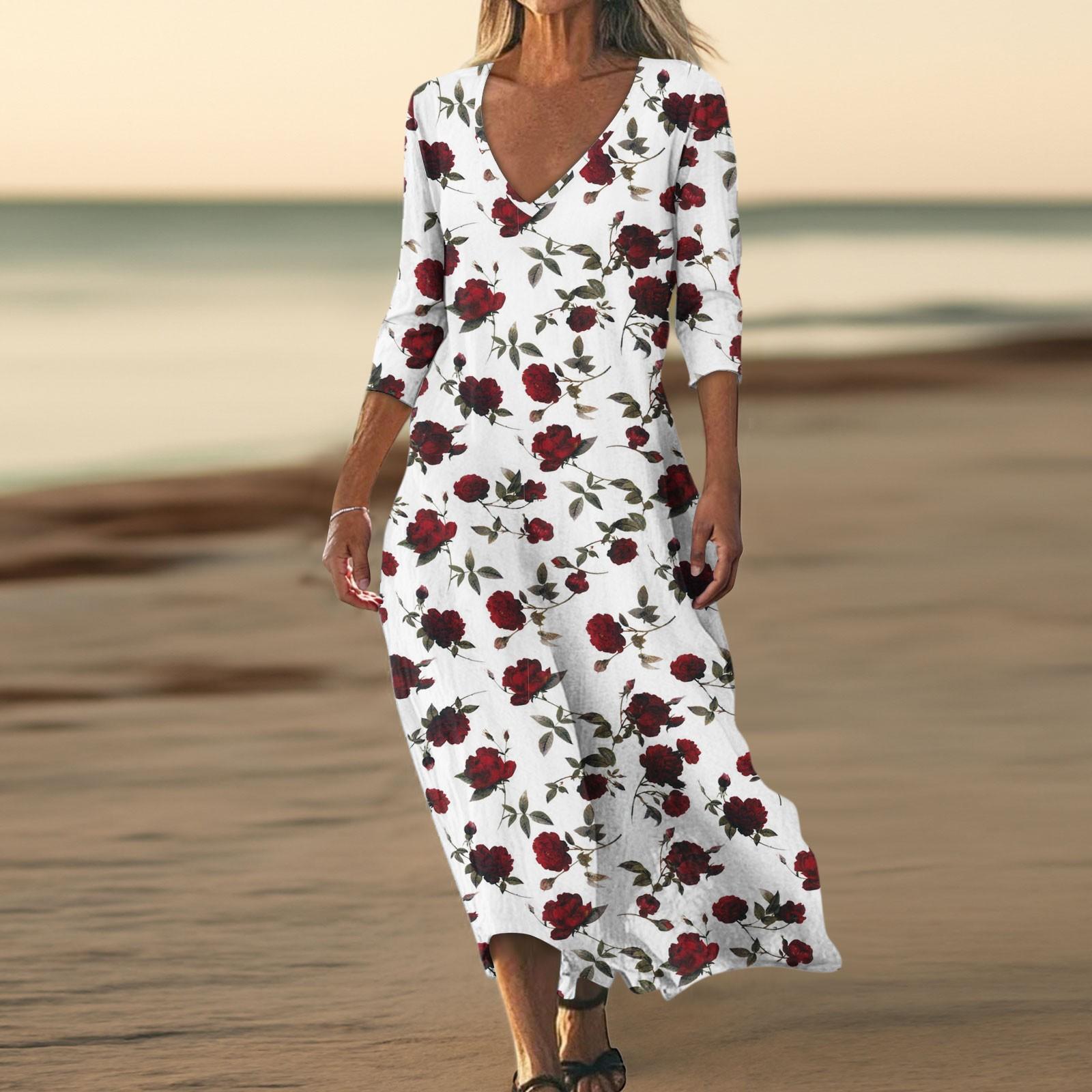 

Платья для женщин Винтажный принт Туника с завышенной талией Миди-платье Летнее повседневное Платье с рукавом 3/4 XL винный