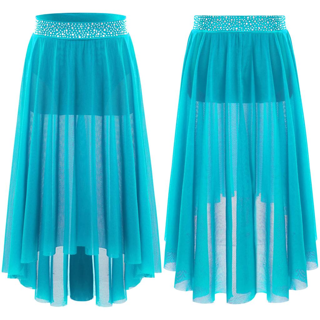 Girls Lyrical Contemporary Modern Dance Skirts Shiny Rhinestones Waistband Side Slit High Low Irregular Mesh Skirt Performance Costume