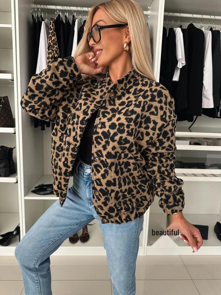 Women's Long-Sleeved Leopard Print Jacket for Autumn/Winter