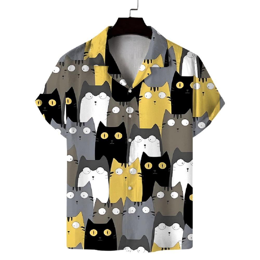 New Summer Shirt Men's Short Cat Pattern 3D Printed Design Casual Commuting Fashion All-Match Personality Breathable Daily