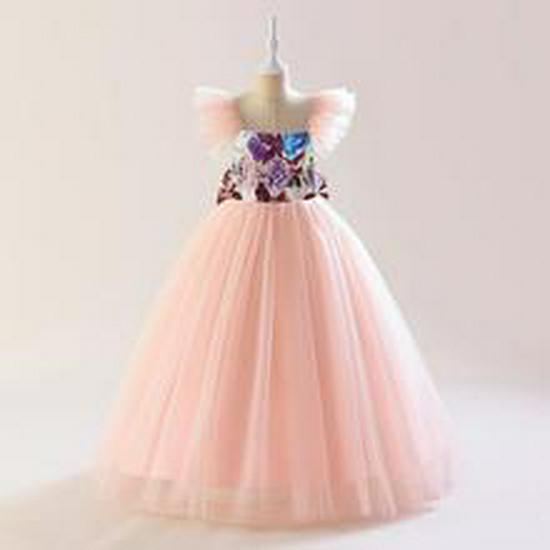 Girls' Lace Beaded Princess Evening Gown with Train