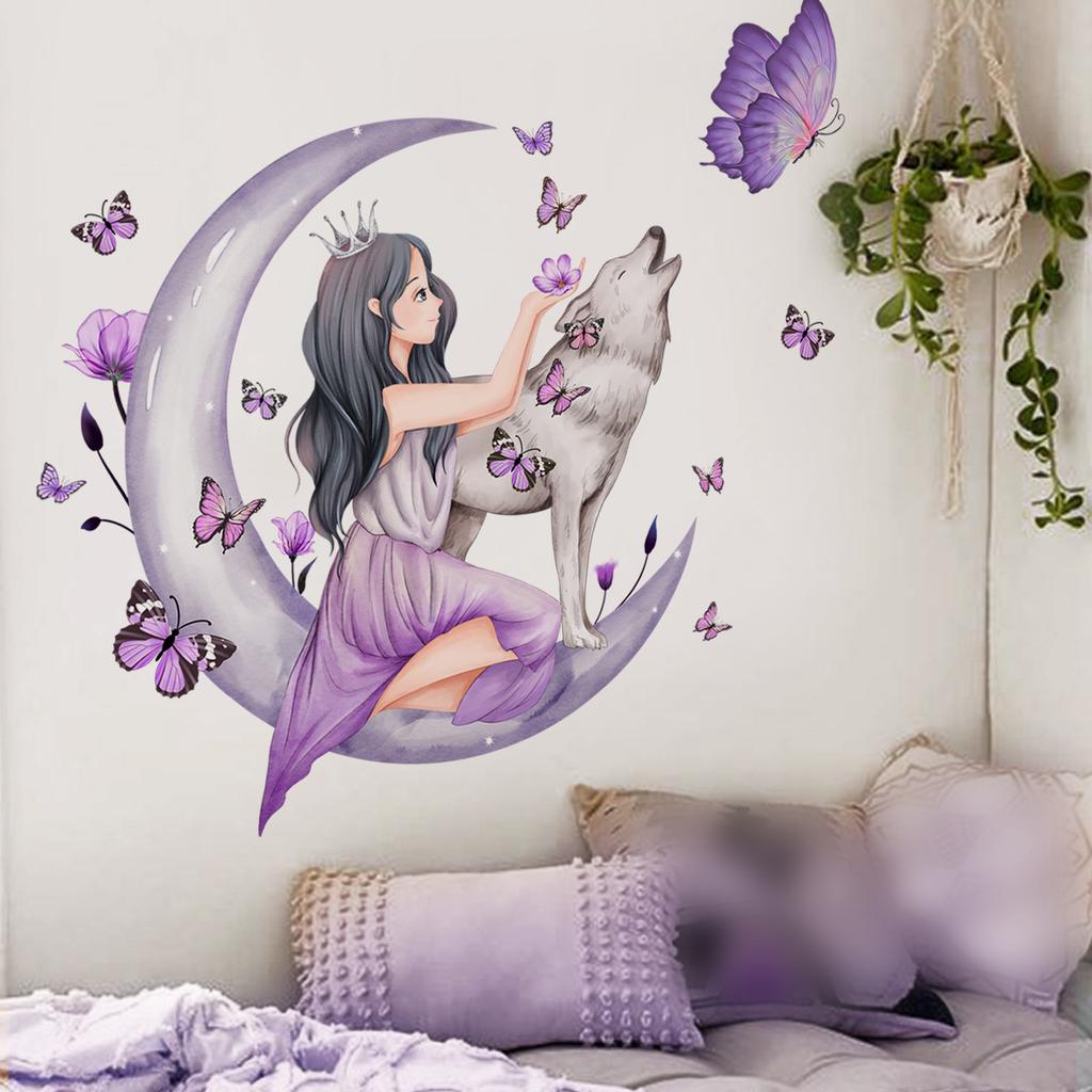 Wolf Moon Butterfly Wall Stickers for Girls Room Decoration Kids Room Decals Bedroom Sticker