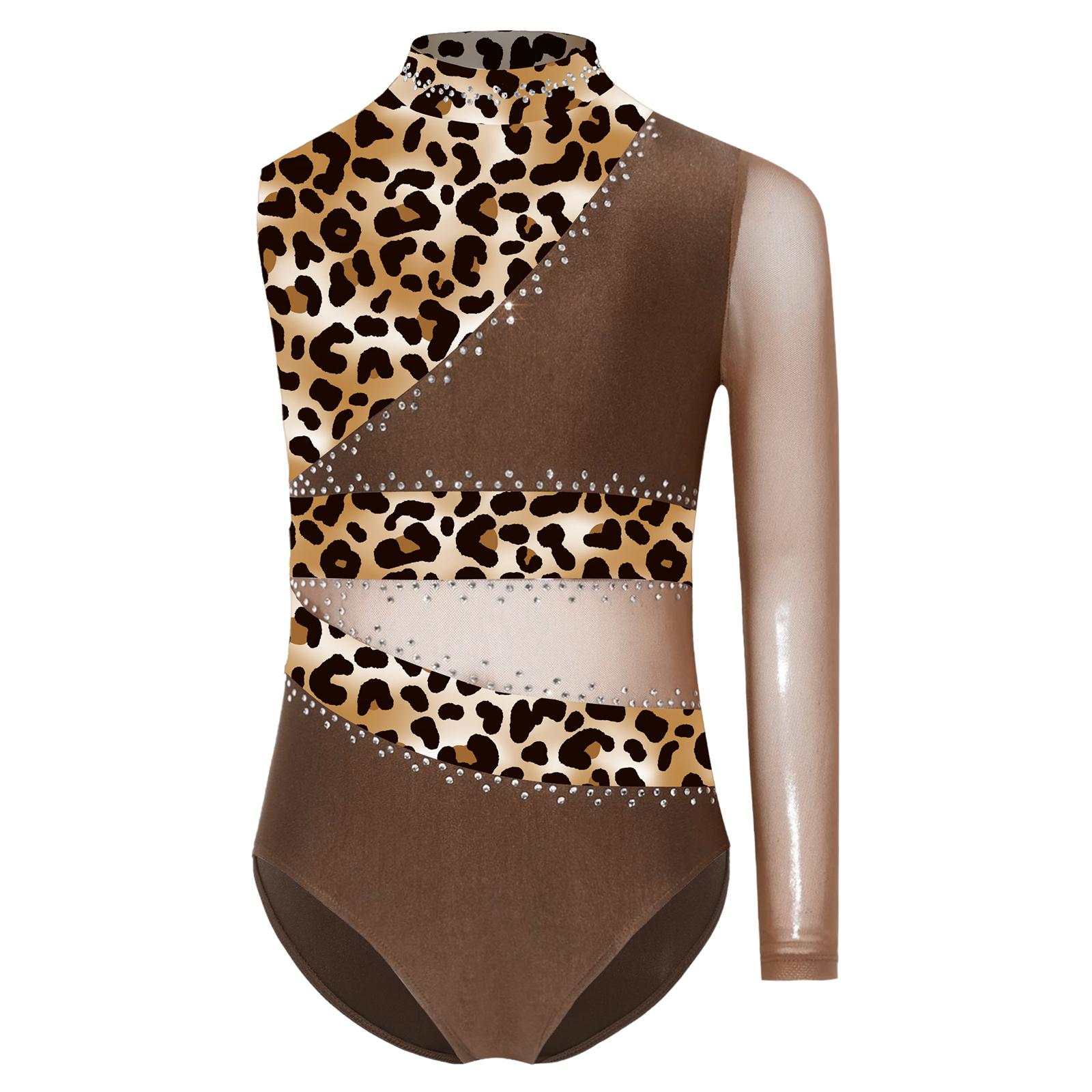 

Girls Sparkly Rhinestones Gymnastic Leotard Asymmetric Sleeve Back Hole Buttons Crotch Dance Bodysuit 5-6 Years коричневий