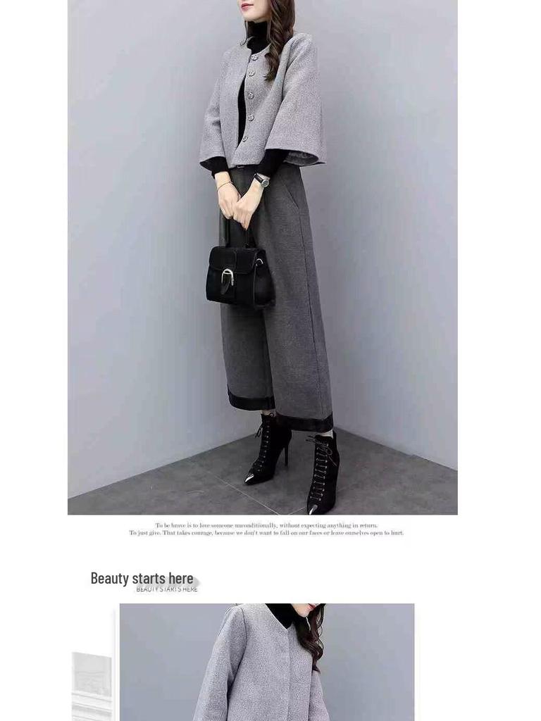 2025 Women's Plus Size Woolen Two-Piece Suit: Short Coat & Wide Leg Pants for Autumn/Winter Fashion.