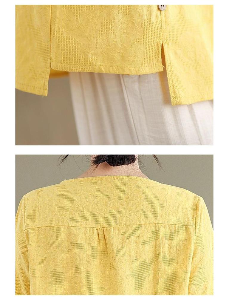 Mid-Age Women's Summer Cotton Linen Embroidered Two-Piece Set: Short Sleeve Top & Pants, Plus Size, Loose Fit