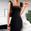 Women Fashion Square Collar Solid Strap Fork Opening Feather Long Dress