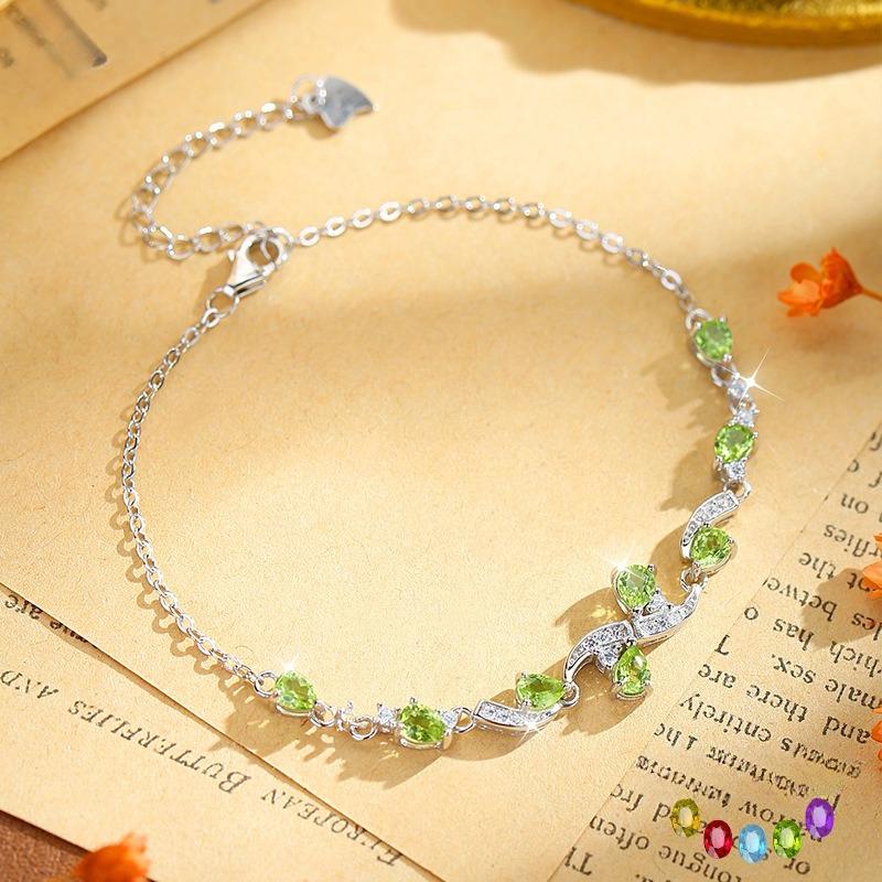 S925 sterling silver bracelet women's premium sense pear-shaped natural olivine topaz light luxury crystal stone
