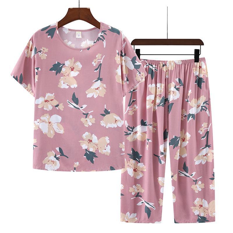 Women's Summer Short-Sleeve Cotton Silk Pajama Set - Lightweight, Two-Piece Loungewear for Outdoor and Indoor Use