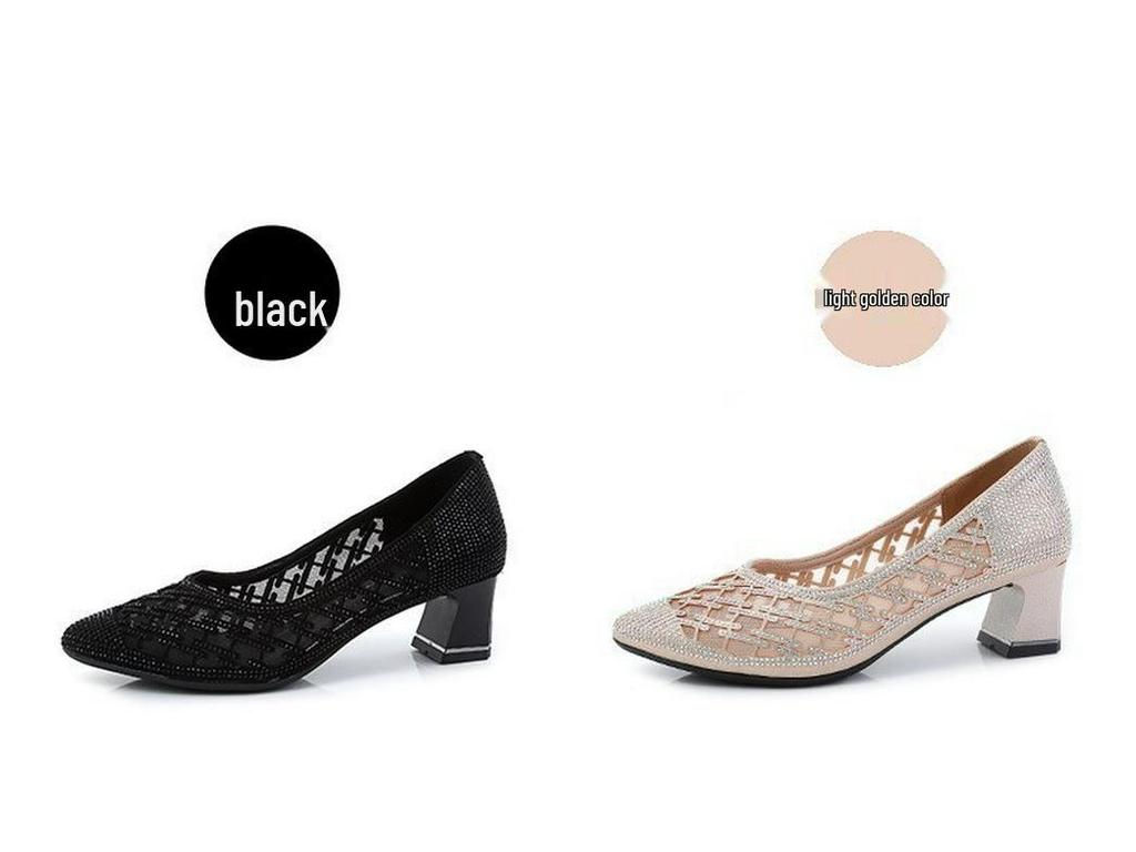 2025 Sommer Strass Mesh Spitzschuh Mittelabsatz Sandalen mit Rock, Damenmode Schuhe