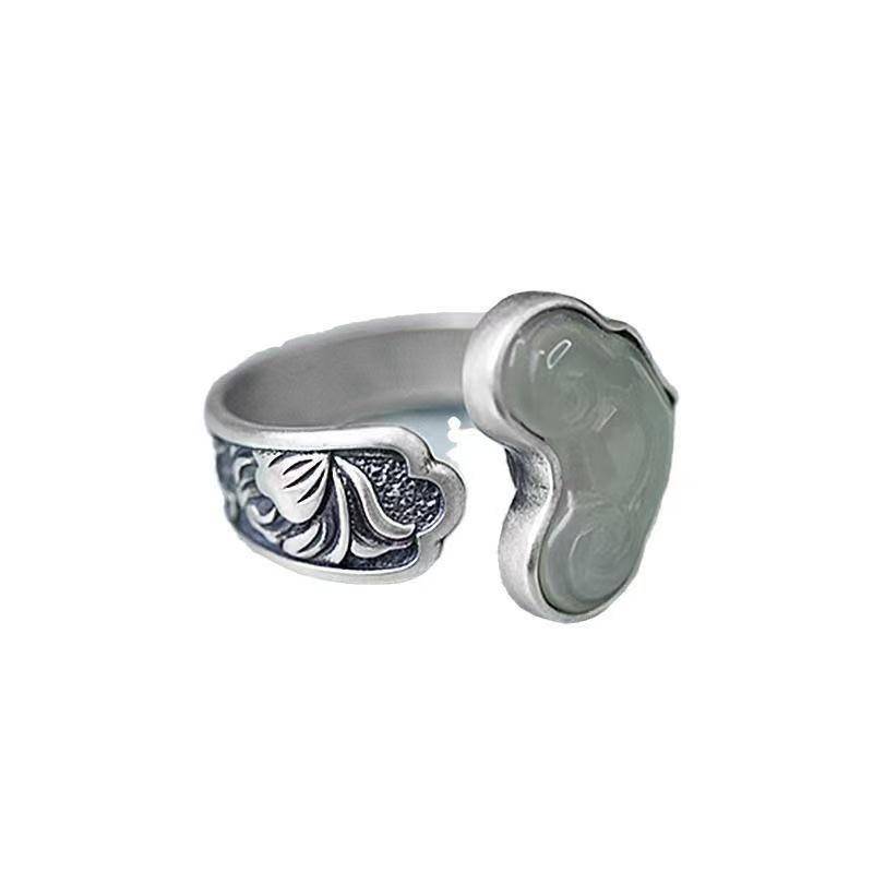 Ruyi Thai Silver Jade Women's Adjustable Ethnic Ring