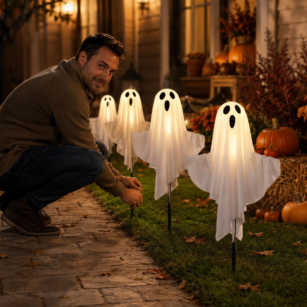 Outdoor LED Ghost Stake Lights Halloween Yard Decorations Set of 5 Ghost Figures with Ground Stakes for Garden Pathway and Lawn Lighting