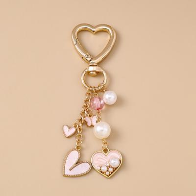 Aihua Pretty Pink Love Heart Key Chain Pearl Butterfly Heart Key Ring Pendants for Women Girls Handbag Decor DIY Jewelry Gift