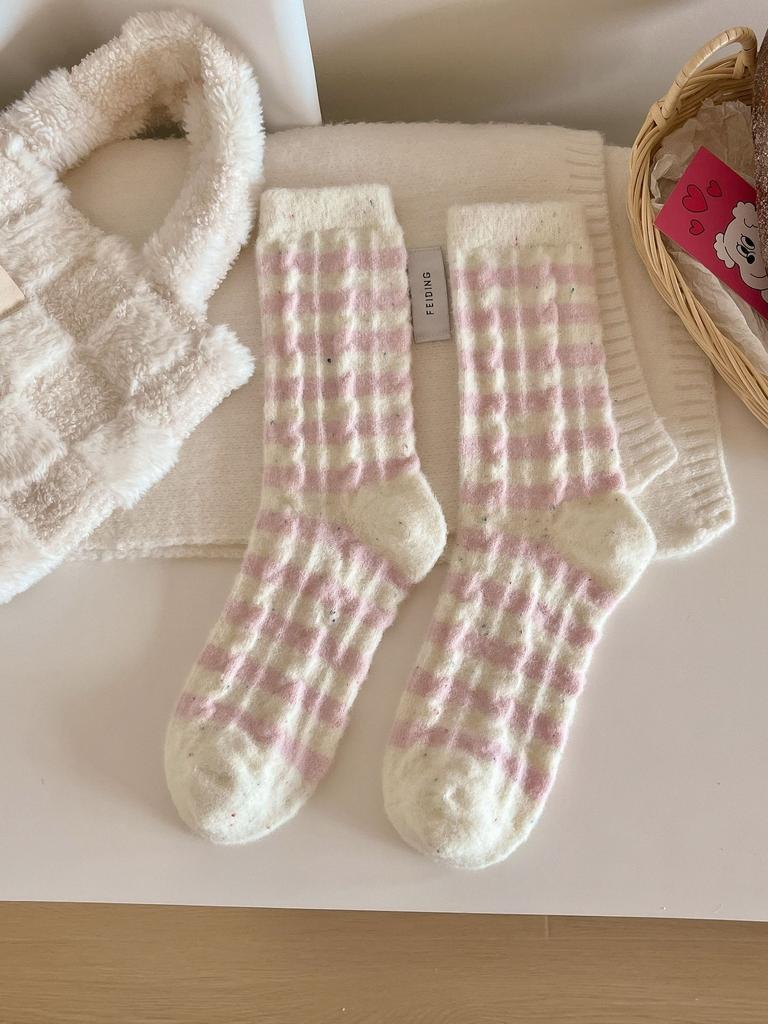 Socks Women's Winter Maillard Color Warm Plush Thickened Plush Striped Medium Tube Socks Home Sleeping Socks
