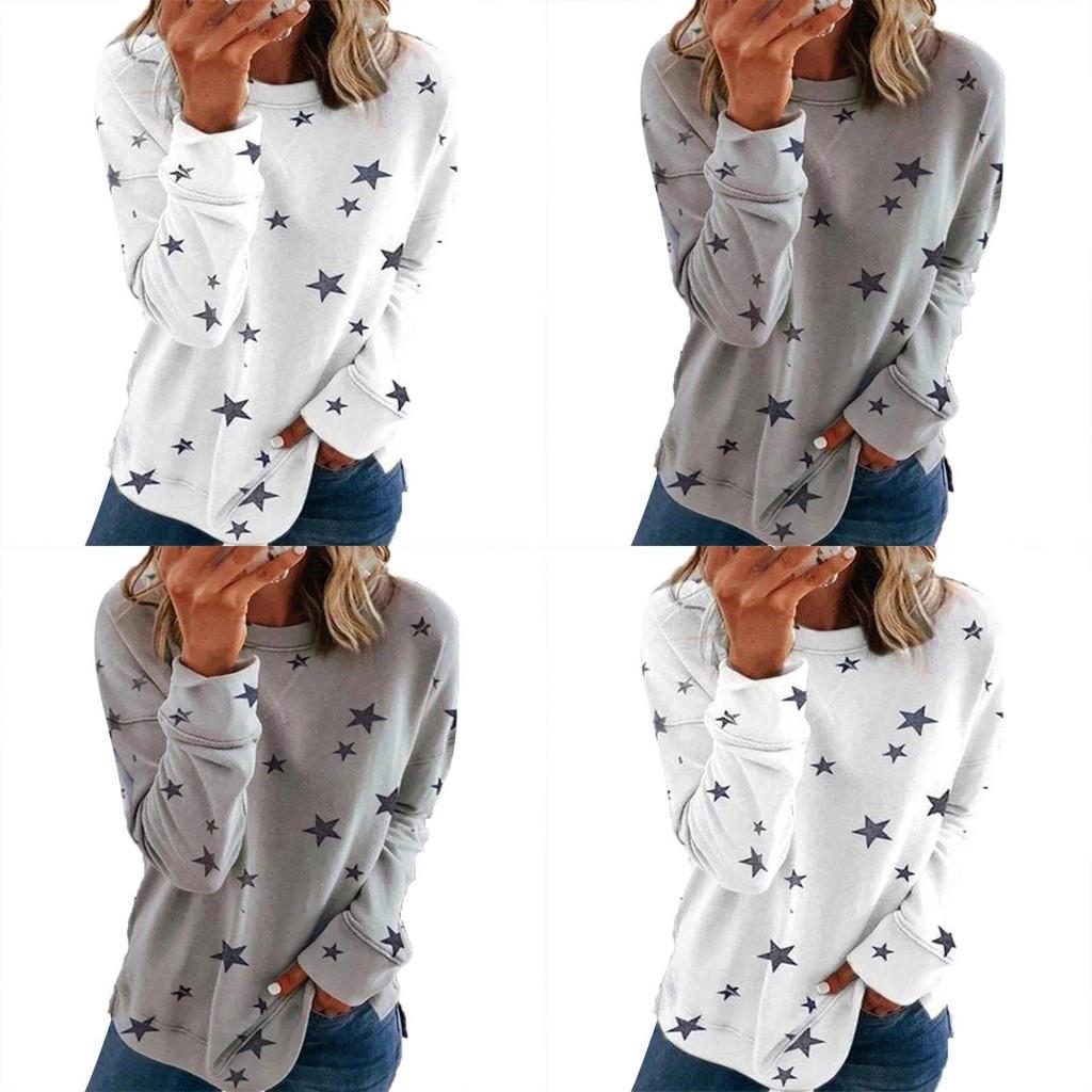 Damen Lässige Tunika Rundhalsausschnitt Langarm Sternenprint T-Shirt Top Bluse Für Täglichen Komfort Und Stil