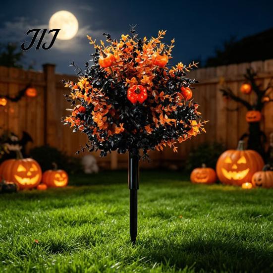 Harvest Themed Lawn Ornament Fall Pumpkin Topiary Trees with Stakes, Artificial Autumn Eucalyptus Leaf Gourd Weather Resistant Garden Walk Stakes