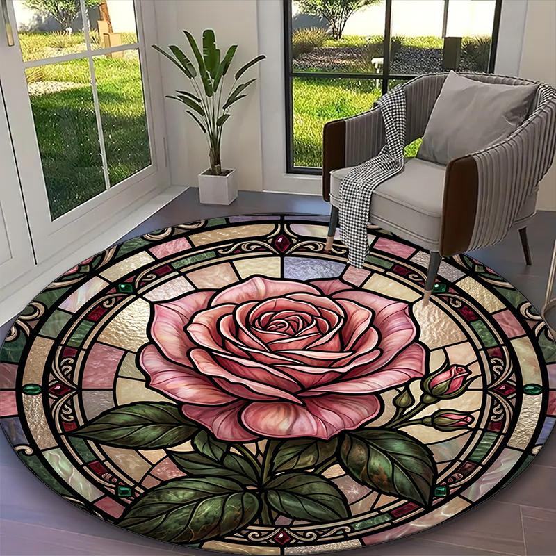 

[1pc Dewy Red Rose Office Carpet] Easy Maintenance Chair Rug for Conference Room Use, Durable Round Sofa Floor Mat Diameter 60cm