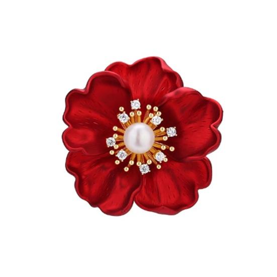 Day Brooch Red Flower Design Brooch with Imitation Pearl Rhinestones Inlaid Weddings