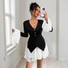 Dámské Mini Šaty V-výstřih Dlouhý Rukáv Volné Sexy Vysoký Pas Bodycon A-linie Koktejlové Šaty pro Svatební Hosty