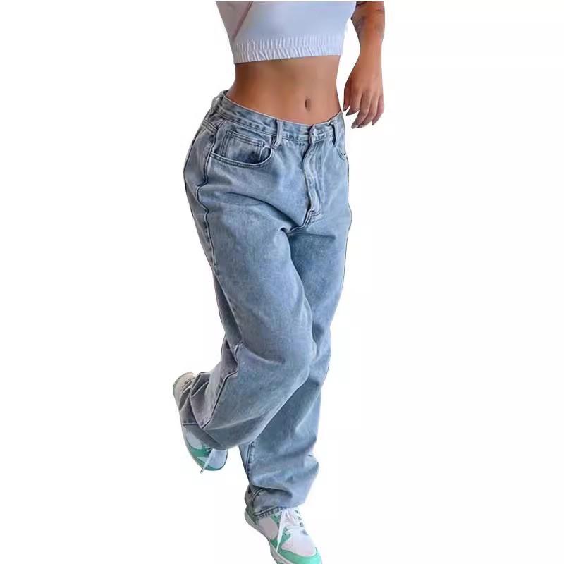Womens Relaxed Fit Vintage Washed Denim Jeans Straight Leg Mid-Rise Casual Trousers