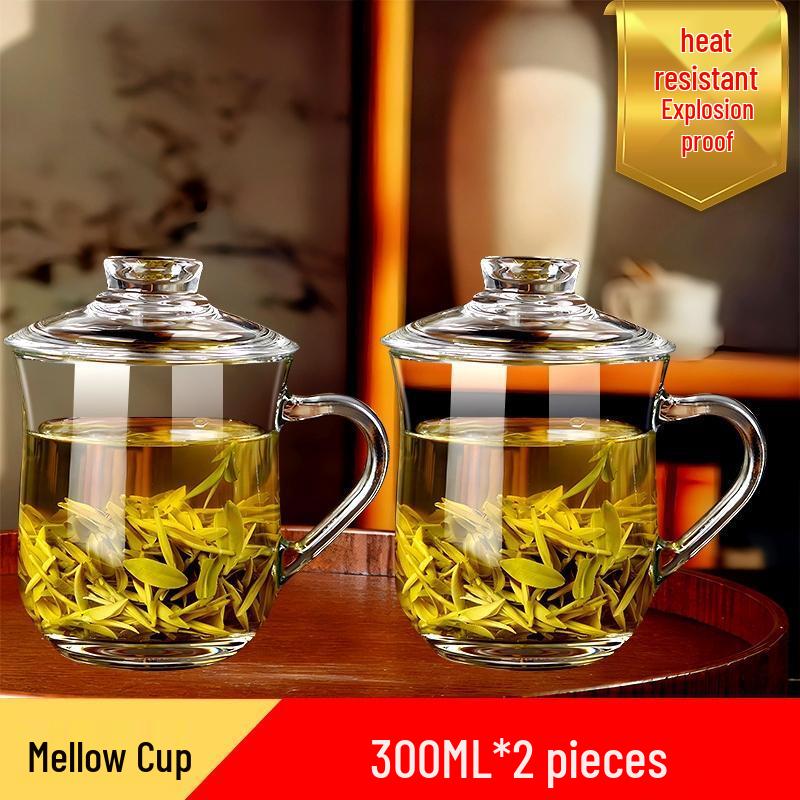 HANDUNYOU Heat-Resistant Glass Teacups with Handles and Lids (Set of 2)