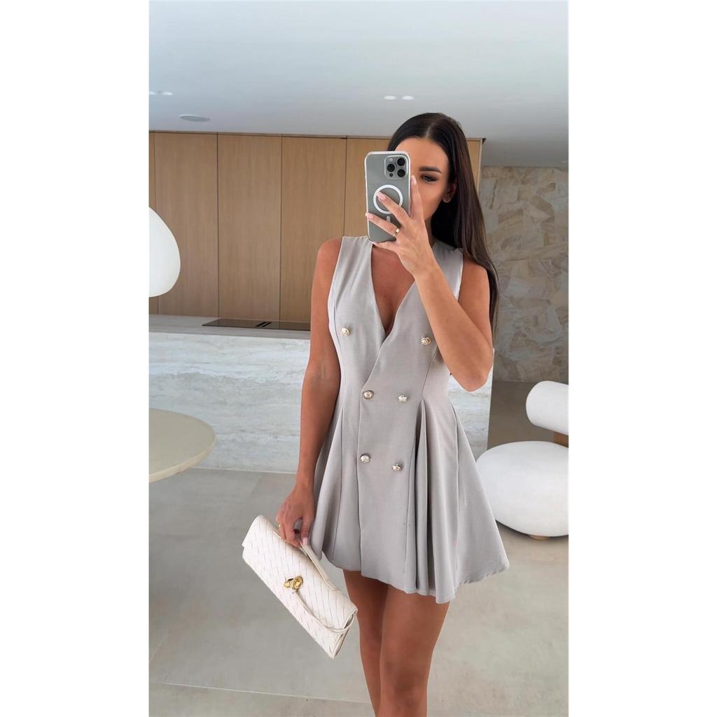 Vară Nouă Culoare Solidă Piept Dublu Gât în V Fără Mâneci Costum Rochii cu Talie pentru Femei