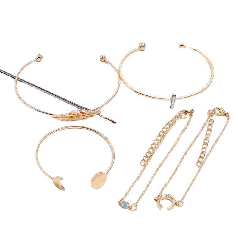 Versatile Geometric Rhinestone Crescent Feather Bracelet Set (5 Pieces)