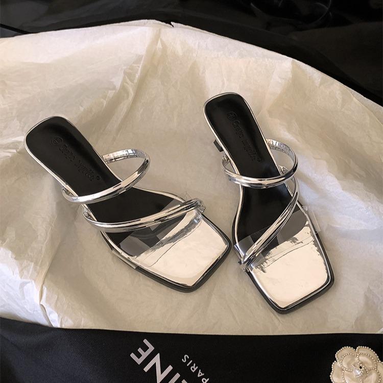 Sheepskin version~ Temperament square head open-toed thin strap French fine heel sandals women wear high-heeled one-word cool slippers in summer