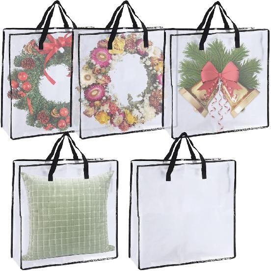 5 Pack Christmas Wreath Storage Bag, 26 Clear Wreath Storage Container, Zippered Storage Bag, Plastic Comforter Storage Bag with Sturdy Handles for