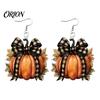 Fall Leaf Jewelry 1 Pair Pumpkin Earrings for Women, Acrylic Dangle Drop Fashion with Plaid Bow, Halloween Holiday Party Comfortable Hook